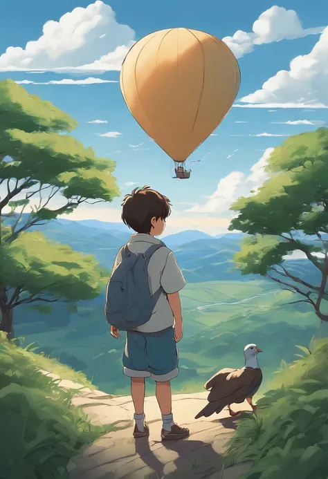 The boy carries a pigeon，standing on a hill，Look at the sky，in the style of makoto shinkai, Makoto Shinkais style，2D line drawing，anime figure