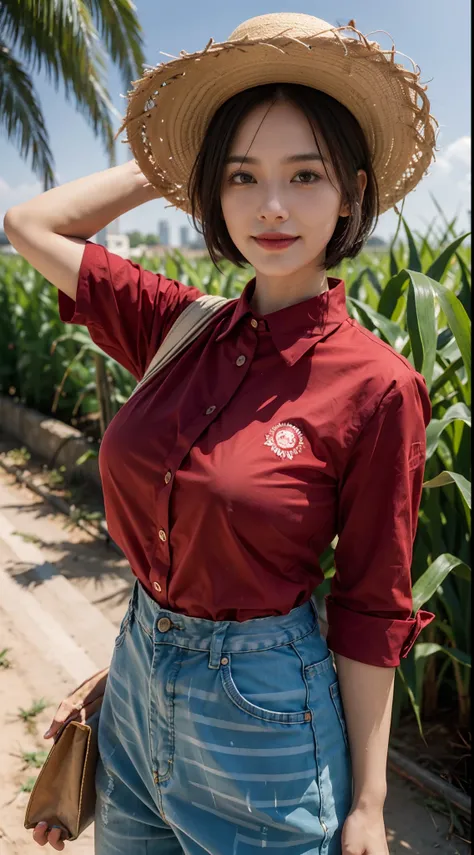 8K，masterpiece，best quality，In the corn field,Very high corn stalks taller than the girl，In the afternoon,very bright sunshine，A girl，Extremely detailed facial details，（shoulder length black straight short hair：1.2），Wearing a straw hat，smile，happy，Her face...