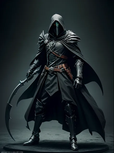 Commercial style shot, (action figure of Plague doctor in a warframe style armor with a black scythe), (green black and grey color scheme), (Skeleton eagle mask with black flowing cloak), plastic material with metallic coating, (red colored background), ce...