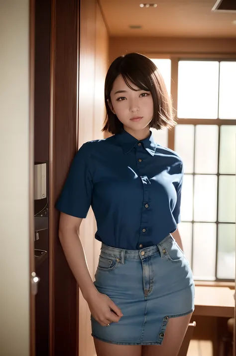 arafed woman in a blue shirt and jeans standing in front of a glass door, dark blue shirt, navy shirt, collared shirt, blue shirt, short sleeves, wearing in shirt, shot on canon eos r 5, shot on canon eos r5, wearing a dark shirt and jeans, mid shot portra...