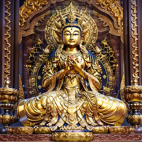 (Best quality,A high resolution,Masterpiece:1.2),Ultra-detailed,Realistic,BUDDHA STATUE,Large, Golden, radiant light, Serene expression, Peaceful atmosphere, Intricate details, Decorative motifs, sitting cross-legged, Lotus throne,Outdoor scene,