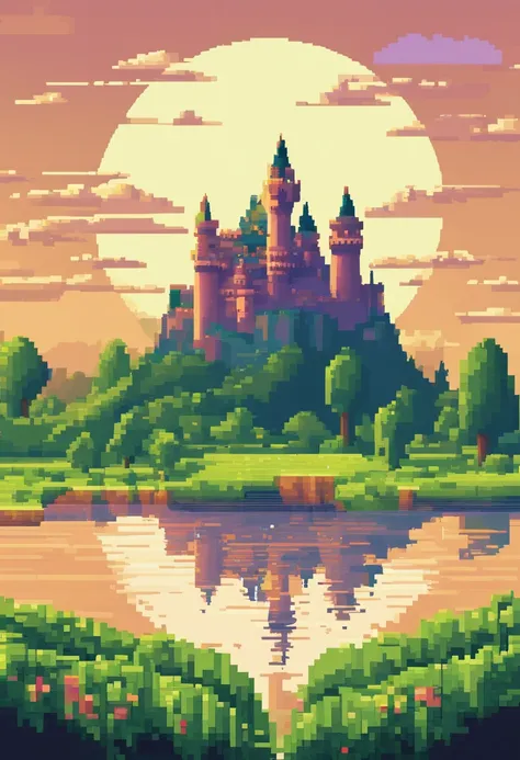 pixelart. Evening. 3D pixel art 4K wallpaper. Incredible pixel art detail. Pixel art. Steam waves. Detailed Unreal Engine pixel art,Legend of Zelda,zelda, a man,standing,holding a sword,looking at the castle, a huge castle, blue sky,green grass,sunny weath...