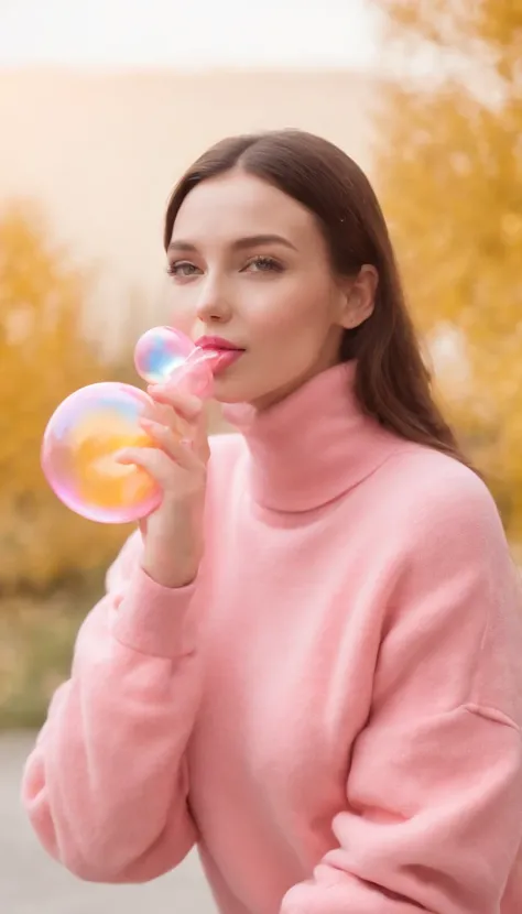 A hyperealistic photograph smiling young woman blowing bubble gum up in high heels and yellow sweater against pink background, in the style of patricia piccinini, minimalist backgrounds, flickr, loretta lux, noise photography, emotive faces, daniela uhlig,...