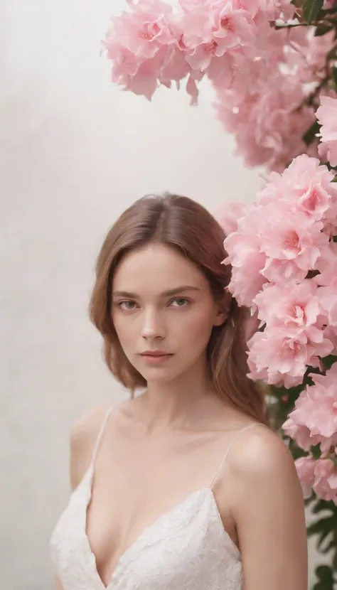 a woman with pink flowers, in the style of realistic forms, uhd image, helio oiticica, white background, unicorncore, photo-realistic compositions, françois boquet