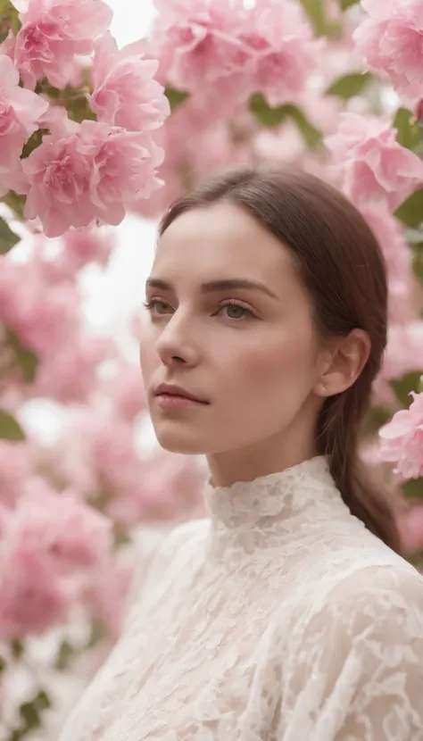 a woman with pink flowers, in the style of realistic forms, uhd image, helio oiticica, white background, unicorncore, photo-realistic compositions, françois boquet