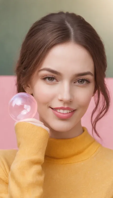 A hyperealistic photograph smiling young woman blowing bubble gum up in high heels and yellow sweater against pink background, in the style of patricia piccinini, minimalist backgrounds, flickr, loretta lux, noise photography, emotive faces, daniela uhlig,...