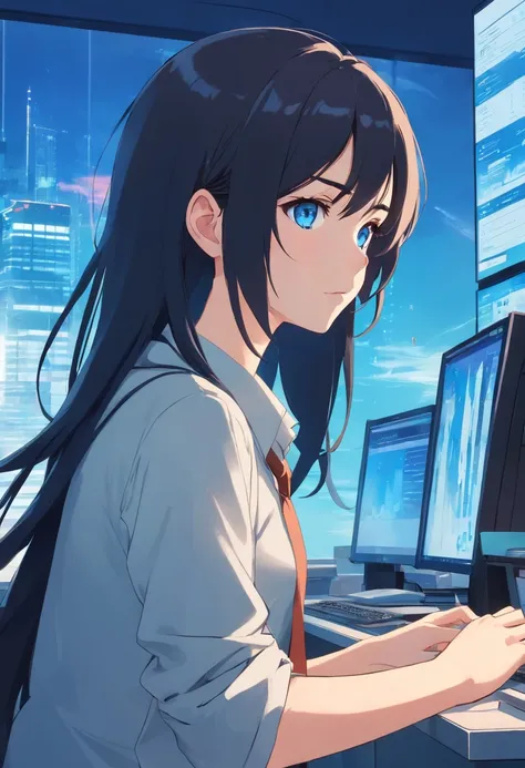 Black hair, Long hair, Blue eyes，Beth，office, monitor