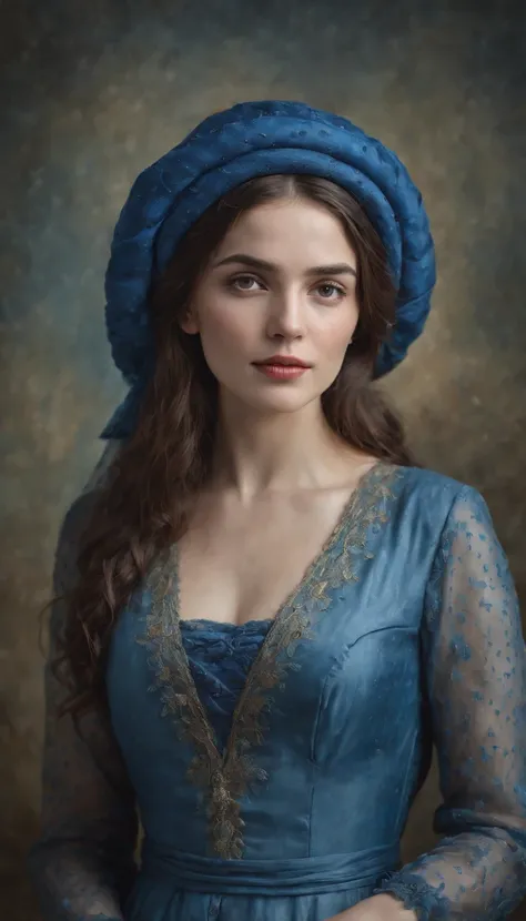 woman in blue hat, in the style of detailed atmospheric portraits, wet-on-wet blending, dusseldorf school of photography, ottoman art, realistic marine paintings, dotted, pre-raphaelitism