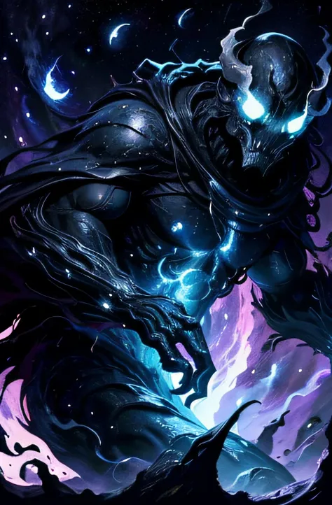 nebula, many stars, black hole monster, big monster that absorbs light, pure darkness monster, long dark claws, high contrast