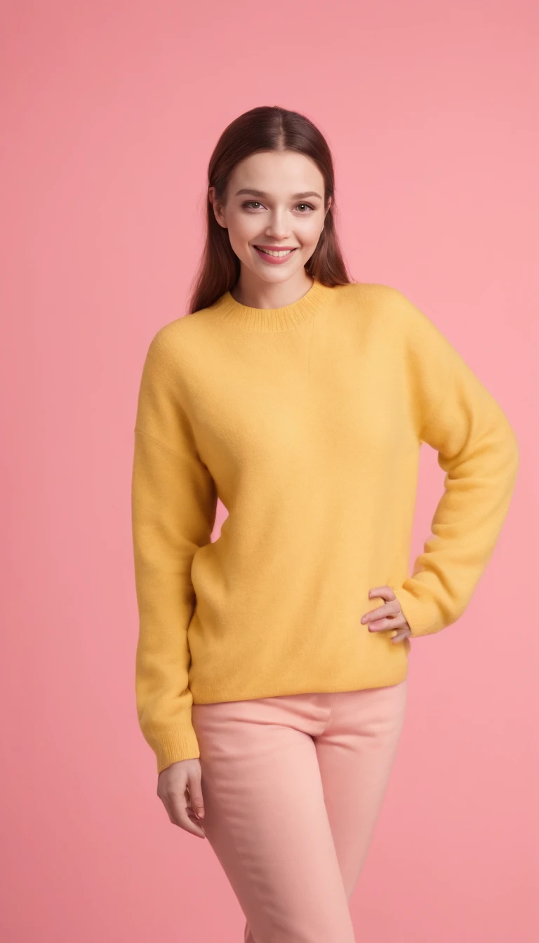 A hyperealistic photograph smiling young woman  in high heels and yellow sweater against pink background, in the style of patricia piccinini, minimalist backgrounds, flickr, loretta lux, noise photography, emotive faces, daniela uhlig, uhd photo, clean sha...