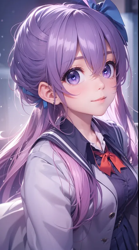 Anime girl with purple hair and purple eyes isolated on black background,3D images、 Over all、a smile、Pink hair、best anime 4k konachan wallpaper,The purple color of the hair in the video game Azure Lane、Highly detailed CG Unity 8k wallpaper, [3D images:0.15...