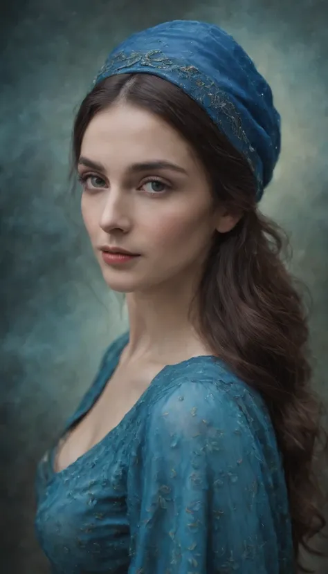 woman in blue hat, in the style of detailed atmospheric portraits, wet-on-wet blending, dusseldorf school of photography, ottoman art, realistic marine paintings, dotted, pre-raphaelitism,upper body