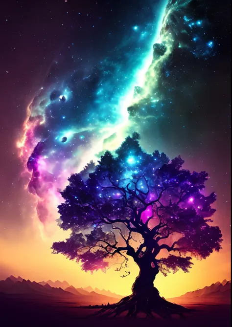 dreamlikeart, galaxy, outer space, nebula, star, [cyberpunked] Tree from the Stars (star:1.5),