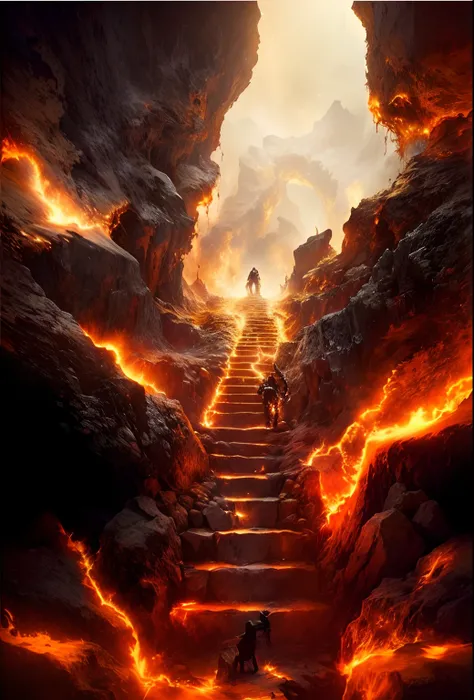 A man walks up the stairs in a cave, stairs from hell to heaven, Hellscape, Travel through hell, portal to hell, Out of the flames, portal to hell, stairway to heaven, portal to hell, Surreal hell, portal to hell, Stand in hell, iintricate、Epic composition...