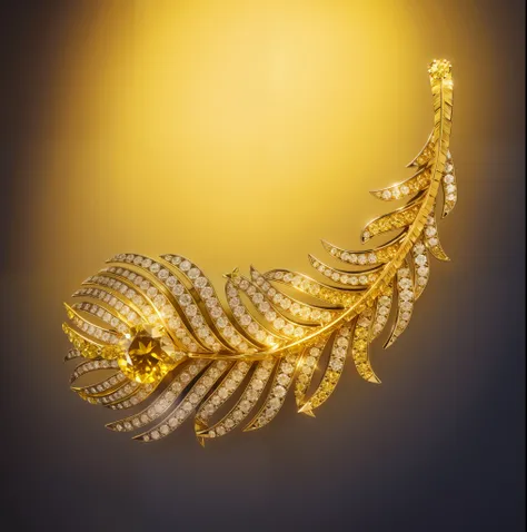 Round cut yellow sapphire feather brooch，Set with yellow diamonds，Color titanium process，White background image，photography of