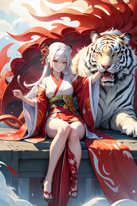 (Splash Art), (masutepiece ,Best Quality:1.2), 1girl in, Sitting on the clouds, Detailed face, strong facial expression, White hair, colourfull, Red and white Chinese style kimono、Longer dress, Precision Line, Large-scale muralists, manticore, Tiger and Wh...