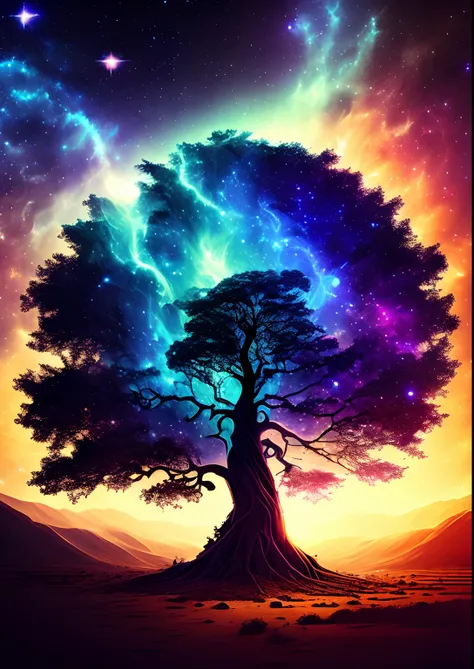 dreamlikeart, galaxy, outer space, nebula, star, [cyberpunked] Tree from the Stars (star:1.5),