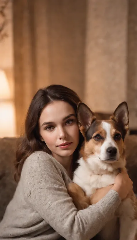 one girl and her dog hanging out in the living room, cozy winter night, having a good time, very realistic photograph, detailed facial expressions, realistic eyes, no watermark, canon photography, 50 mm