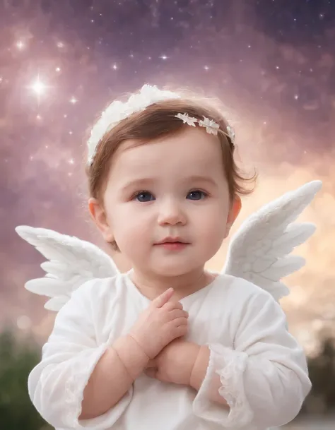 up close photo of(adorable little angel:1.5),(sky with starry clouds:1.2)，（ masterpiece,photorealistic,:1.4），(Fujifilm XT3:1.2)