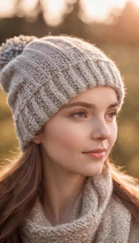 girl in knitted hat looking up at the sunlight in sky, in the style of canon eos 5d mark iv, detailed facial features, digitally enhanced, smilecore