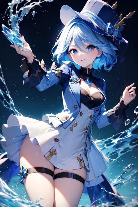 anime girl with blue hair and a hat and a blue dress, splash art anime loli, trending on artstation pixiv, zerochan art, digital...