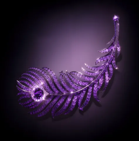 Round cut purple sapphire feather brooch，Set with purple diamonds，Color titanium process，White background image，photography of