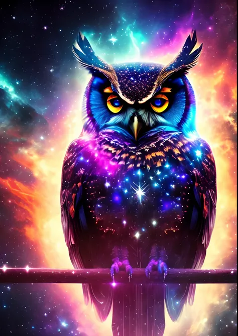 dreamlikeart, galaxy, outer space, nebula, star, [cyberpunked] Owl from the Stars (star:1.5),