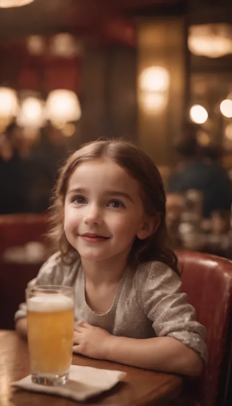 happy little girl in retro restaurant, back lighting, medium shot, high quality photo