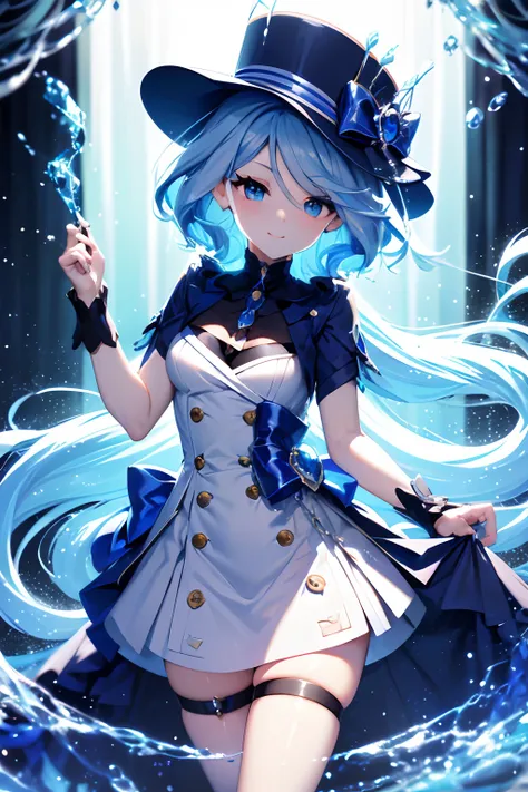 anime girl with blue hair and a hat and a blue dress, splash art anime loli, trending on artstation pixiv, zerochan art, digital...