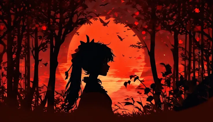 (Silhouette Art,cutouts:1.6)
(((Paper cutting art,A world where only black exists:1.3)

(Cowboy Shot),1 girl,Solo,
(Girl dressed as a witch,profile:1.2),white, Clear and beautiful face,Sunrise behind

break
(Red lily flowers)
Textured glass background,Arca...