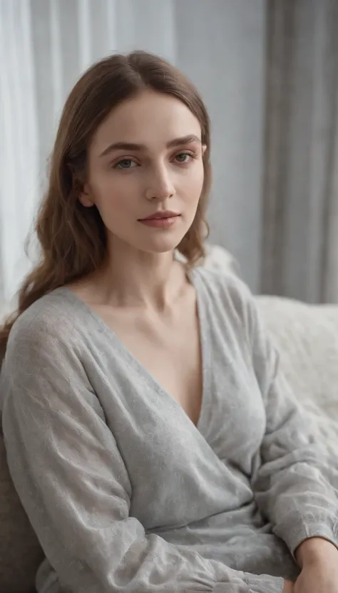 woman relaxing on couch in studio photograph, in the style of light golden and light gray, drugcore, serene faces, relatable personality, barbizon school, 8k resolution, aleksandr deyneka