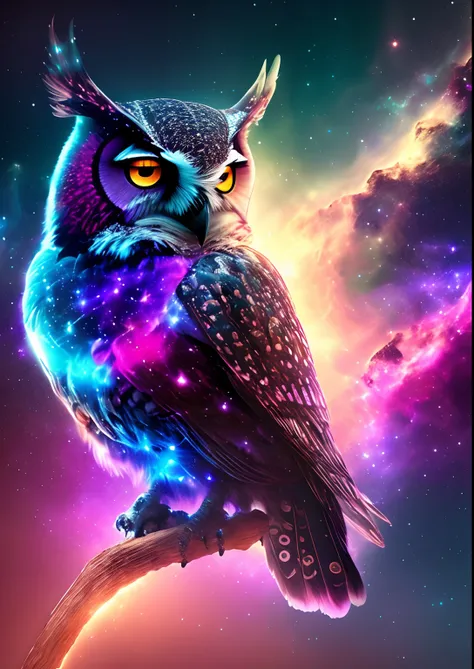 dreamlikeart, galaxy, outer space, nebula, star, [cyberpunked] Owl from the Stars (star:1.5),