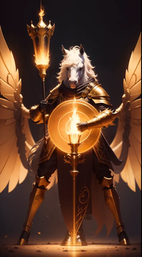 Cute horse wizard image, standing on your feet, Hold the torch with one hand, Wearing gold and black armor, furry fantasy art, High detail, Cinematic lighting, god light, hyper HD, A high resolution