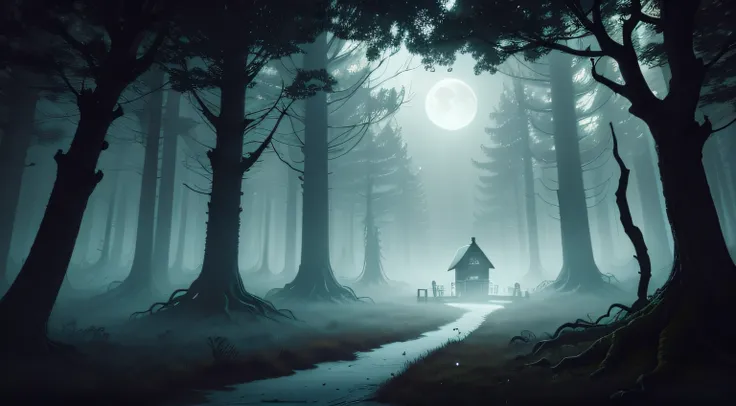 Create an eerie, moonlit forest scene with gnarled trees and a dilapidated cabin shrouded in shadows