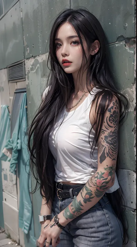 photorealistic, high resolution, 1women, mature female, solo, hips up, long hair, street wear, tattoo, white hair