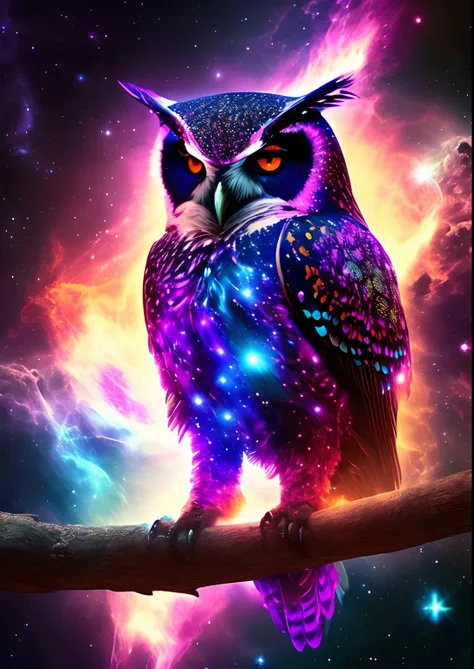 dreamlikeart, galaxy, outer space, nebula, star, [cyberpunked] Owl from the Stars (star:1.5),