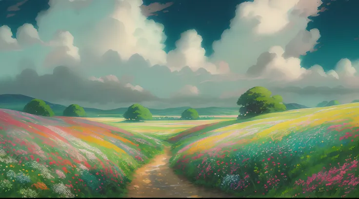 Realistic, authentic, beautiful and amazing landscape oil painting by Studio Ghibli by Hayao Miyazaki, Picturesque, Shadow from the clouds, Streams on the ground, sun glare, In the foreground are flowers and herbs, Petal meadows with blue sky and white clo...