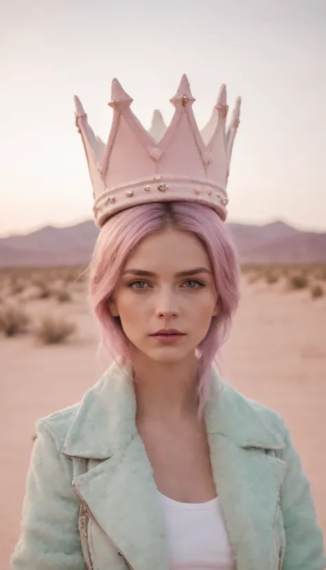 a young girl poses in a desert with a foam crown, jacket, and hat, in the style of pastel punk, kingcore, genderless