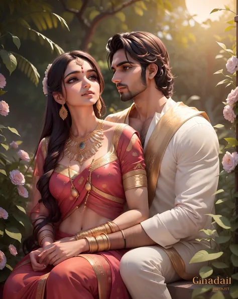 a Beautiful Indian couple of handsome men and beautiful women, romantic pose, in big moon night, dinner in garden, soothing tones, muted colors, high contrast, (natural skin texture, hyperrealism, soft light, sharp, full body), Beautiful background,simple ...