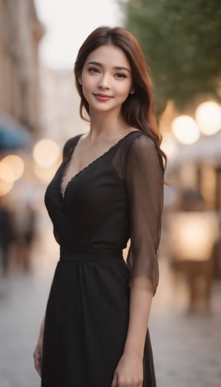 ((Best quality, 8k, Masterpiece :1.3)), 1girl, smiling, full body, slim face, Pretty woman, (Dark brown hair), full length dress :1.1, Ultra-detailed face, Detailed eyes, Double eyelid, blur background, slim face, city, outside, street,