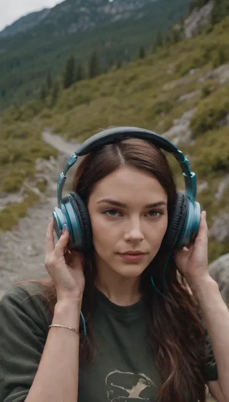 a woman standing on a mountain trail while wearing headphones, in the style of street art style, the vancouver school, vanitas, rap aesthetics, naïve, vacation dadcore, rounded