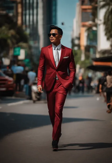 A stylish and sophisticated indonesian man singer confidently striding through a bustling city in a rock suit.