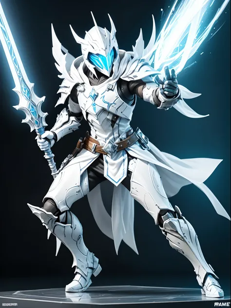 Commercial style shot, (action figure of Battle Priest in a warframe style armor with a white great hammer), (white blue and silver color scheme), (white hood with white flowing cloak), plastic material with metallic coating, (solid color background), cent...