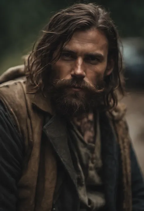 A 30-year-old man with a beard and long chestnut hair with a scar on his left eye and tattooed arms in a post-apocalyptic universe