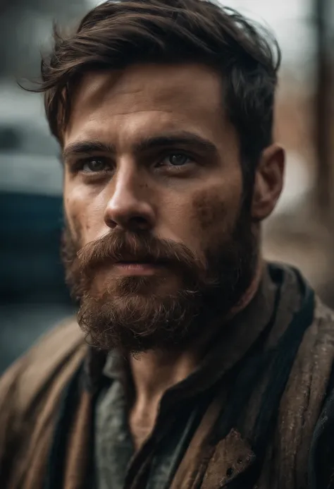 A 30-year-old man with a beard and long chestnut hair with a scar on his left eye and tattooed arms in a post-apocalyptic universe