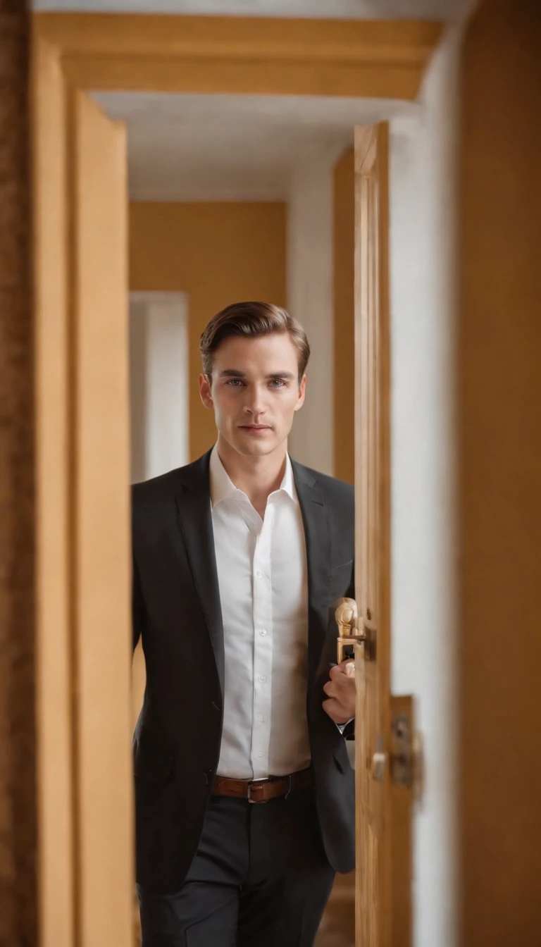 a businessman in a black suit and white shirt, coming out of an open ocher door, 50mm f/1.4 ff, leica m10, simple and elegant style, studio, handsome