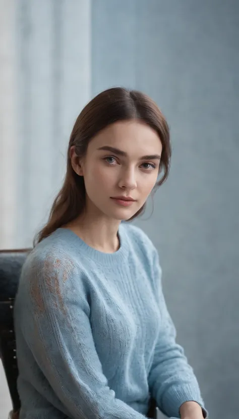 Young woman wearing sweater and sitting on a chair, in the style of light indigo and light amber, Tomàs Barceló, 32k uhd, fine feather details, shiny/ glossy, petcore, grandparentcore