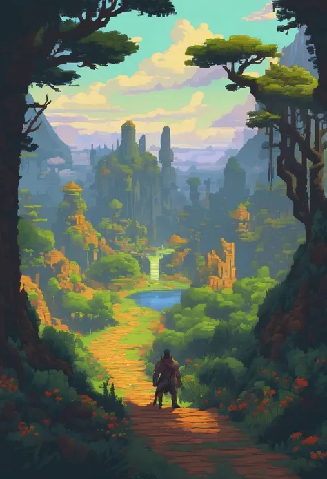 pixelart. Evening. 3D pixel art 4K wallpaper. Incredible pixel art detail. Pixel art. Steam waves,Detailed Unreal Engine pixel art,a man walking through a dark forest with a skull in the background, epic fantasy sci fi illustration, cinematic fantasy paint...