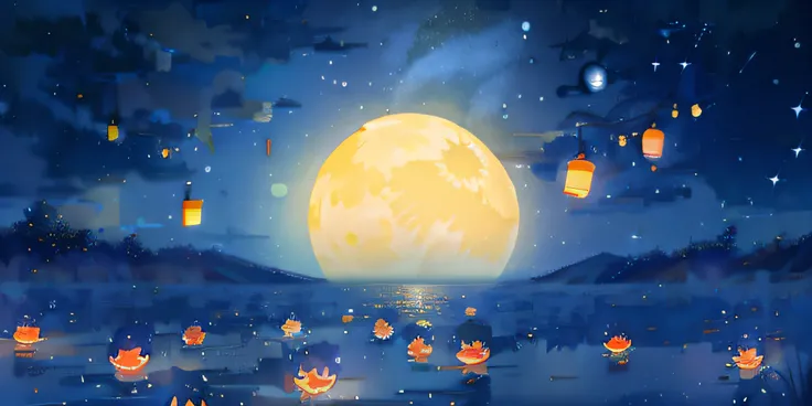 the night，Kongming Lantern，river water，em cor azul escuro，galactic，star ocean，themoon，Moon cake，Mid-Autumn Festival，Moon，Movie lighting，exquisitedetails