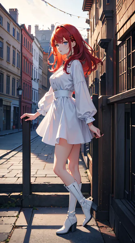 (best quality,4k,highres,masterpiece:1.2),ultra-detailed,realistic,portrait,vivid colors,daytime lighting
1girl,short fiery red hair,messy hairstyle,piercing blue eyes,serious expression,white dress,medium build,black knee-high boots,a barefoot girl standi...